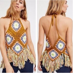 Free People Summer of Love Multicolor Crochet Fringe Halter Top